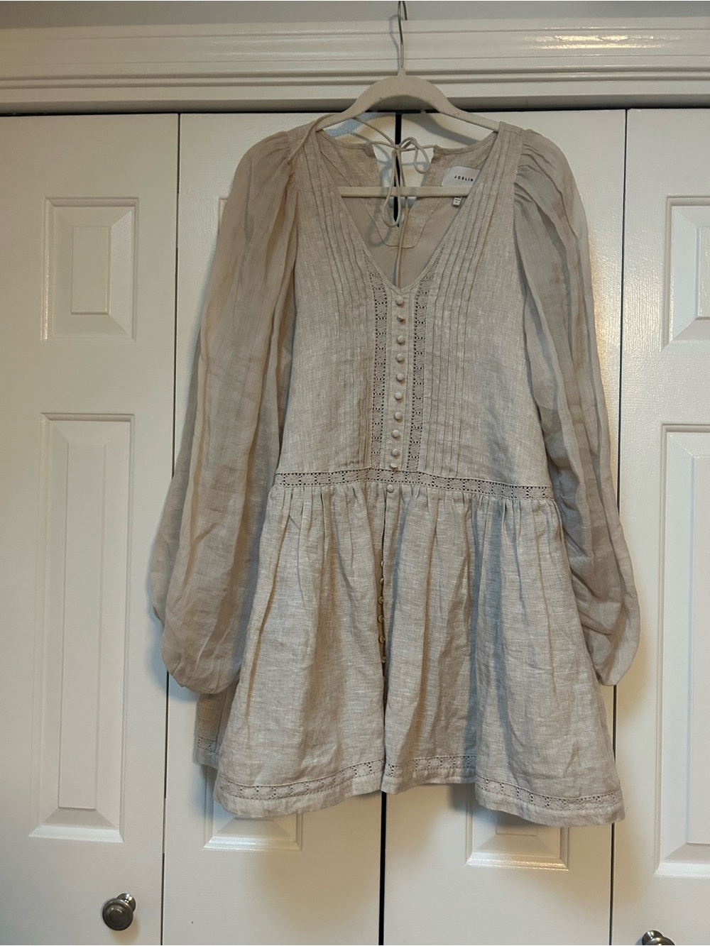 Joslin Light Beige Linen Babydoll Dress with Pintuck Front